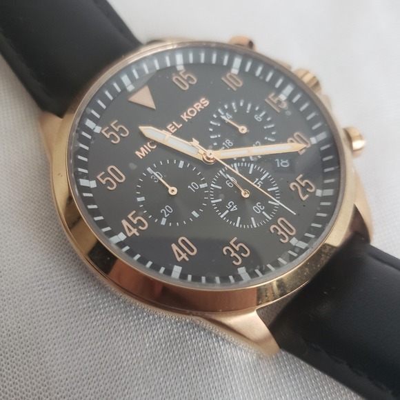 Michael Kors Chronograph Gage Gold‎ Tone Black Leather Men Watch MK8535 New Batt
